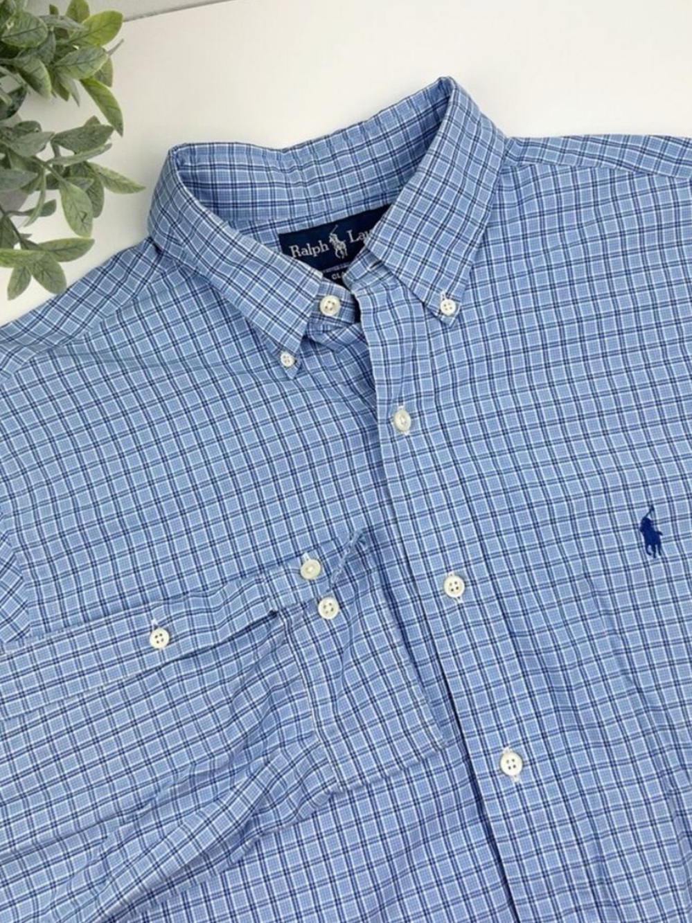 Ralph Lauren Blue Plaid Button-Down Dress 100% Cotton Shirt Size 17